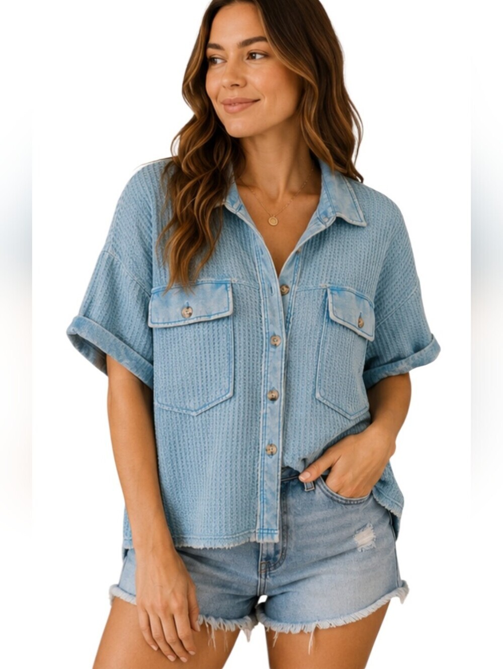ILLA ILLA Mineral Wash Waffle Knit Button Front Shacket Top Size S